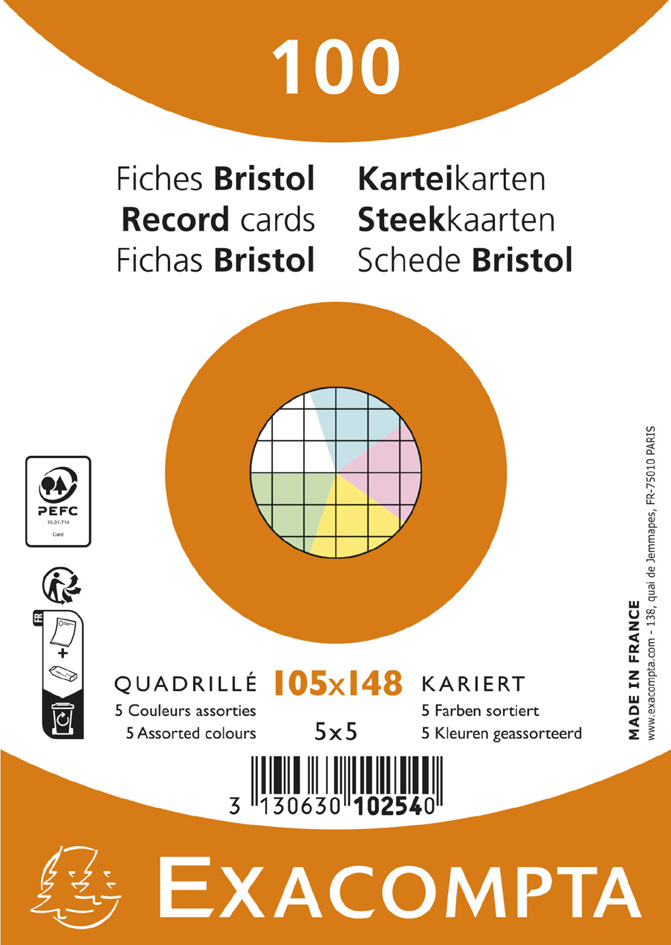 EXACOMPTA Fiches bristol, A6, quadrillé, assorti