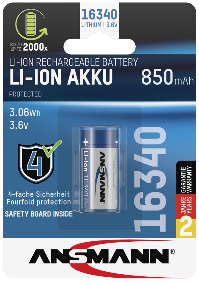 Pile rechargeable Li-Ion 16340, sous blister