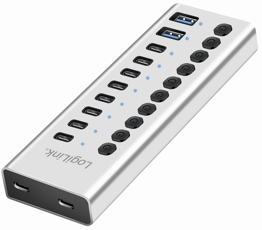 LogiLink Hub USB 3.2, 10 ports, interrupteurs on/off, argent