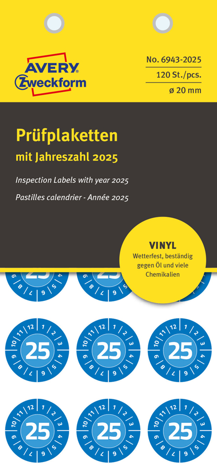 AVERY Zweckform Plaquette de contrôle, 2025, 20 mm, bleu