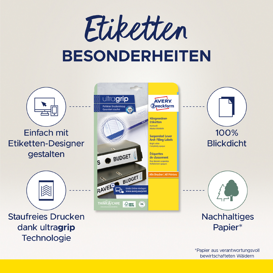 AVERY Zweckform Etiquette pour dos de classeurs suspendus long / étroit (L)34 x (H)297 mm blanc 125