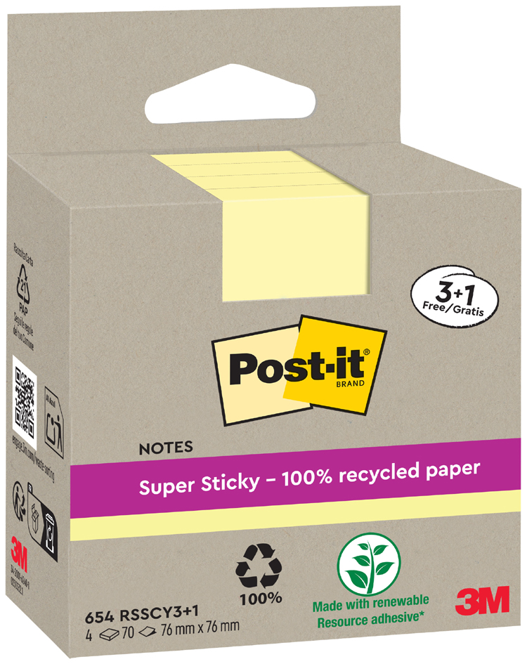 Bloc-notes adhésif super sticky Recycling notes, 76 x 76 mm (pack économique)