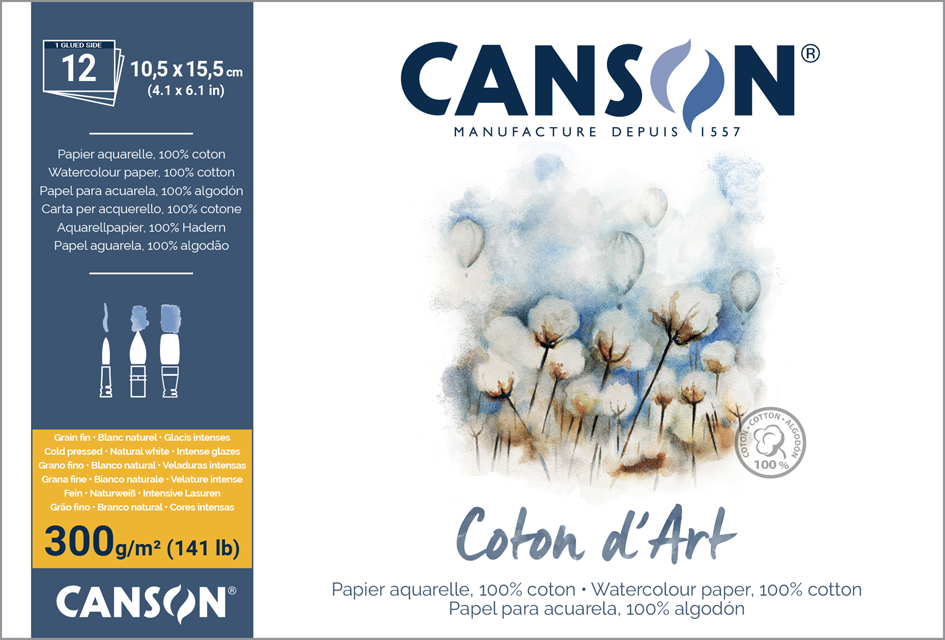Bloc de papier aquarelle "Coton d'Art", 105 x 155 mm, grain fin