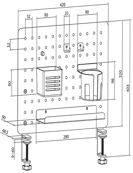 Organiseur de bureau sur rail avec panneau perforé, dimensions