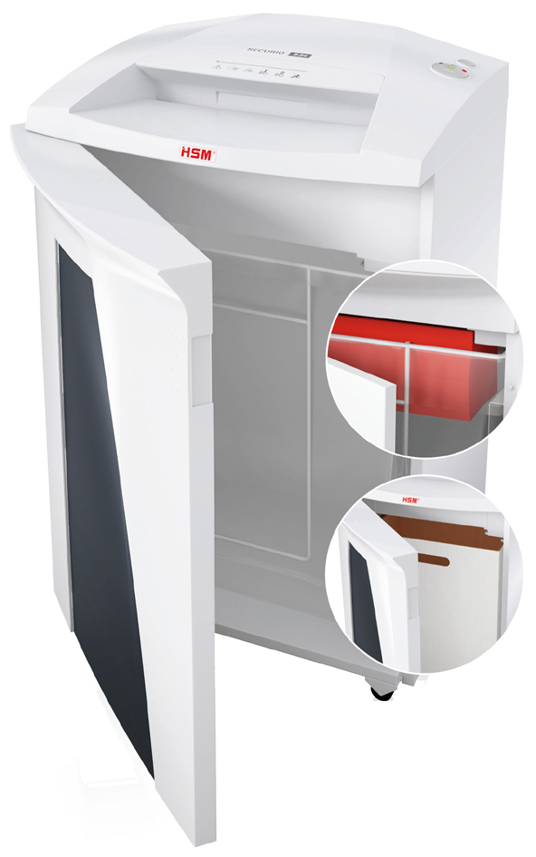 HSM Destructeur document SECURIO B34, coupe particules: particules 4,5 x 30 19 - 21 feuilles P-4 / T-4 / O-3 / E-3 / F-1 100 litres blanc prise à contact de securité
