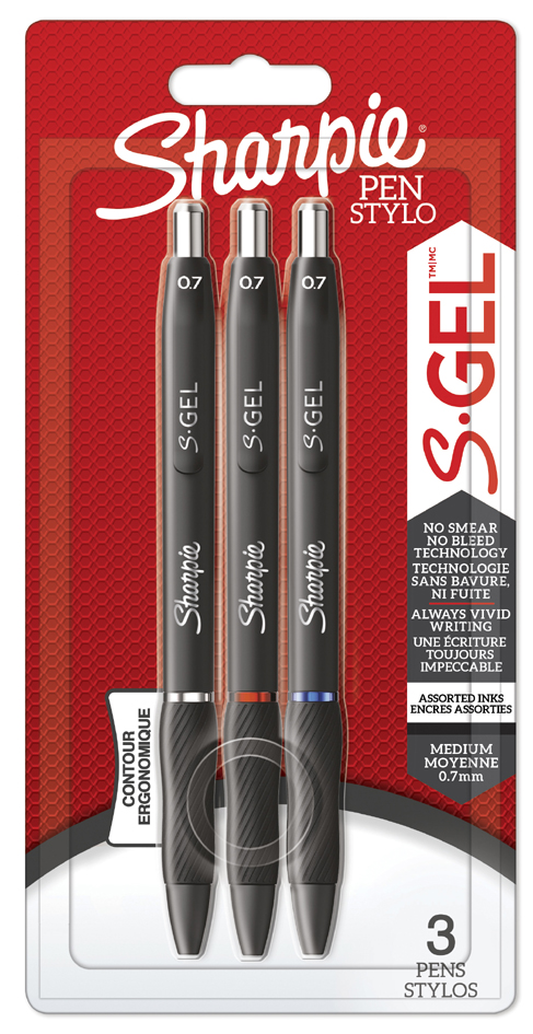 Sharpie Stylo encre gel S-GEL, 0,7 mm, assorti, blister de 3