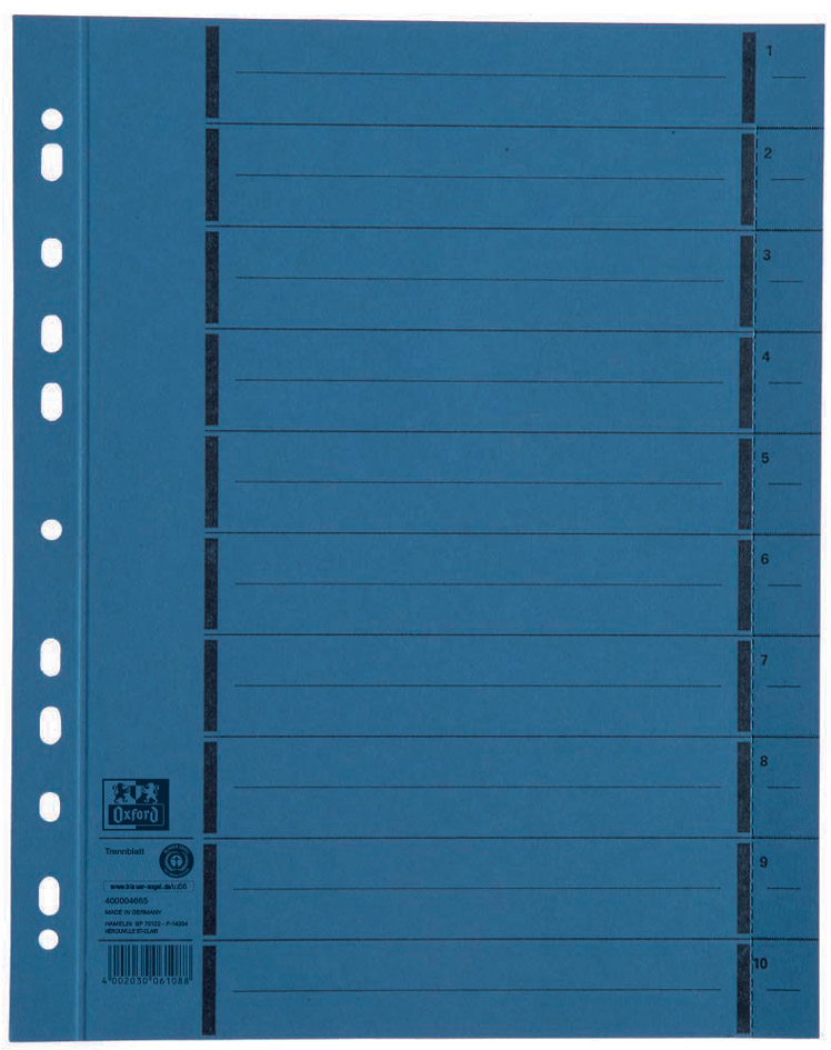 Oxford Intercalaire avec perforation, A4 extra large, bleu