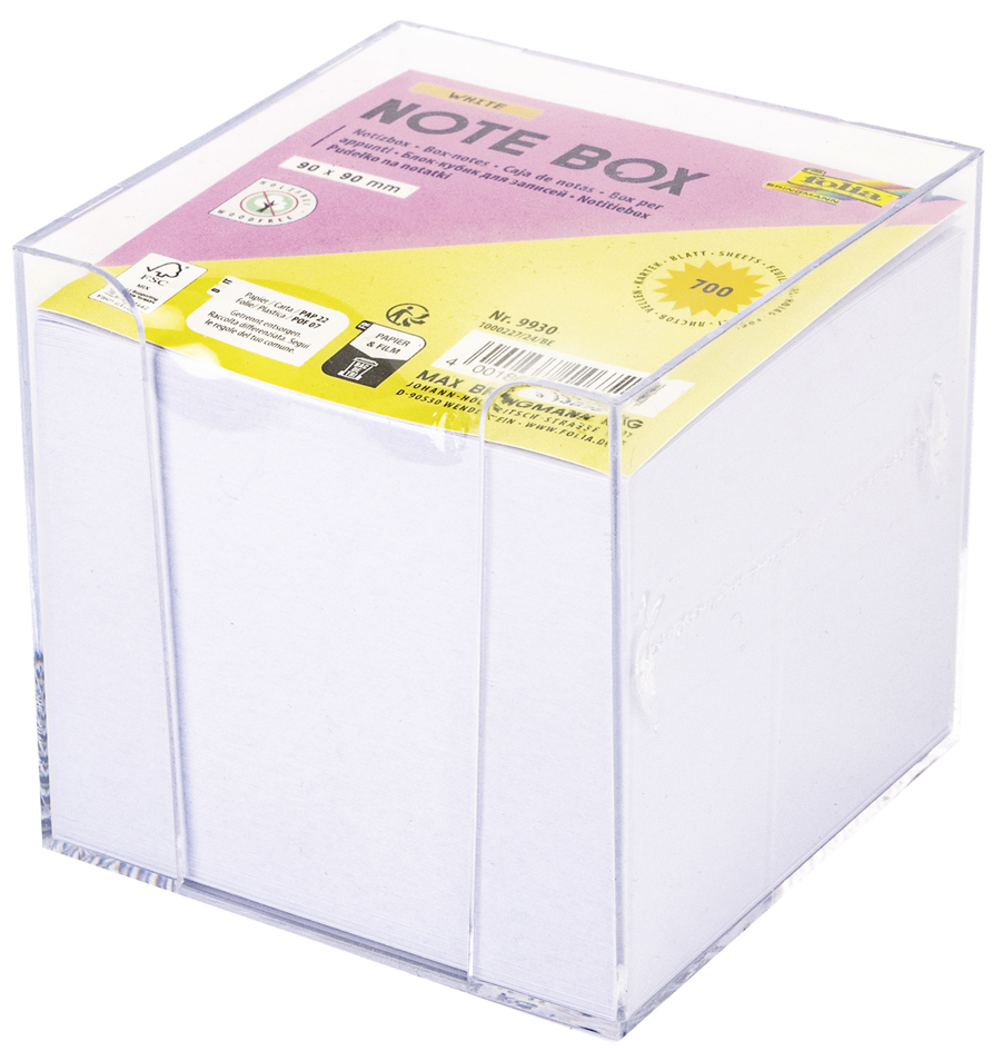 folia Bloc cube avec boîtier, 90 x 90 mm, transparent/blanc