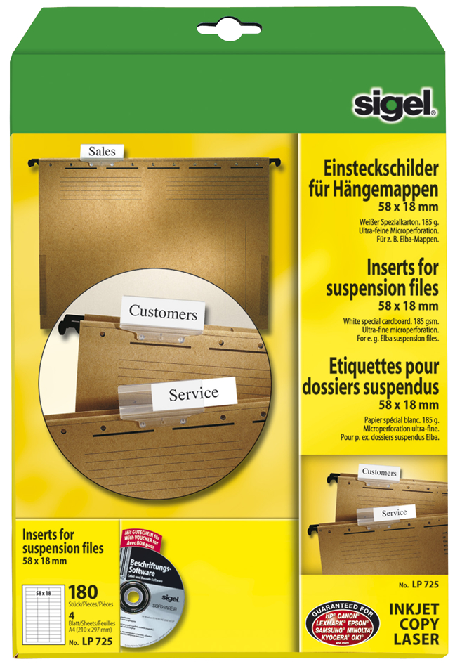 sigel Etiquettes PC pour dossiers suspendus, 58 x 18 mm