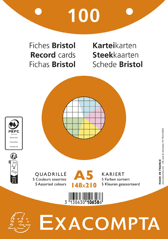 EXACOMPTA Fiches bristol, A5, quadrillé, assorti