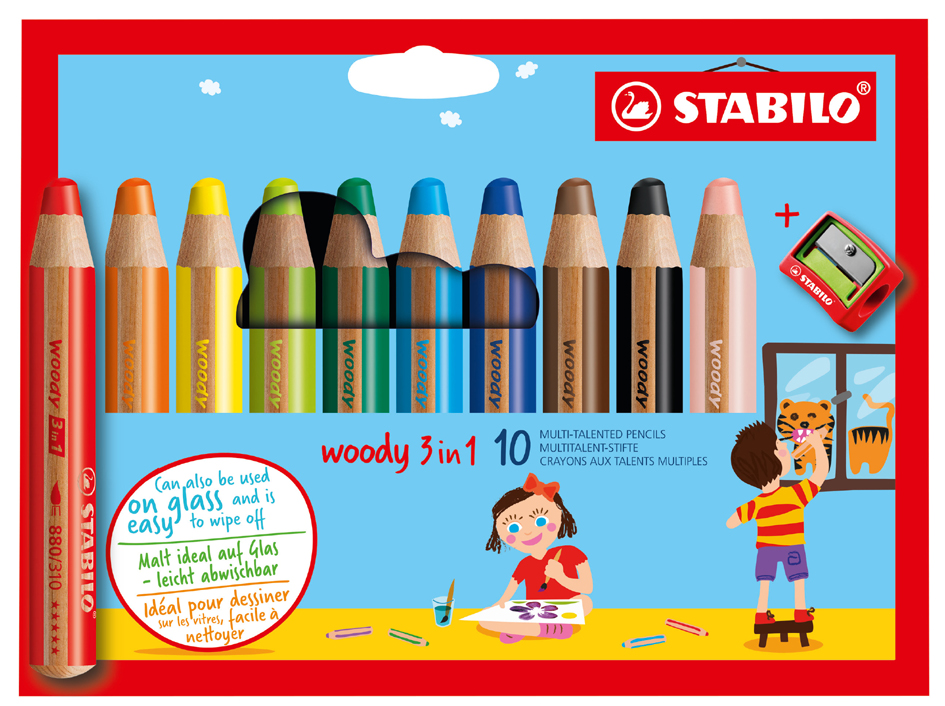 Crayon multi-talents woody 3 en 1, étui en carton de 10 avec taille-crayon