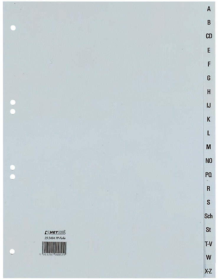 HETZEL Intercalaires en plastiques, A-Z, A4, PP, 20 touches