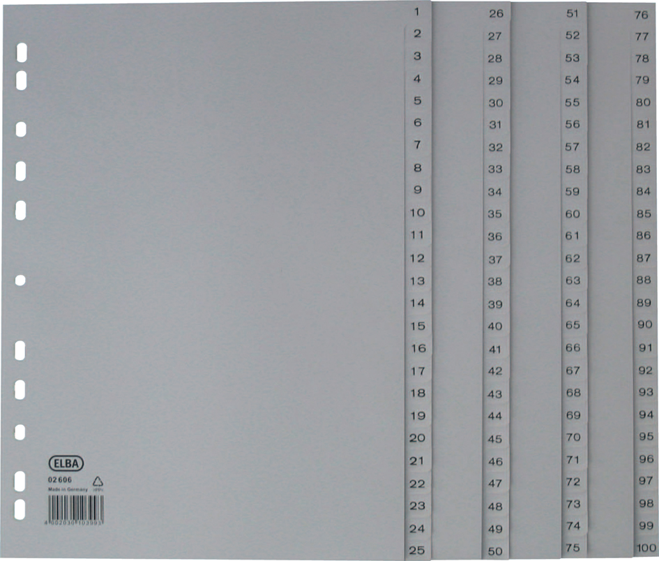 Oxford Intercalaire en plastique 1-100, A4, 100 pièces, gris