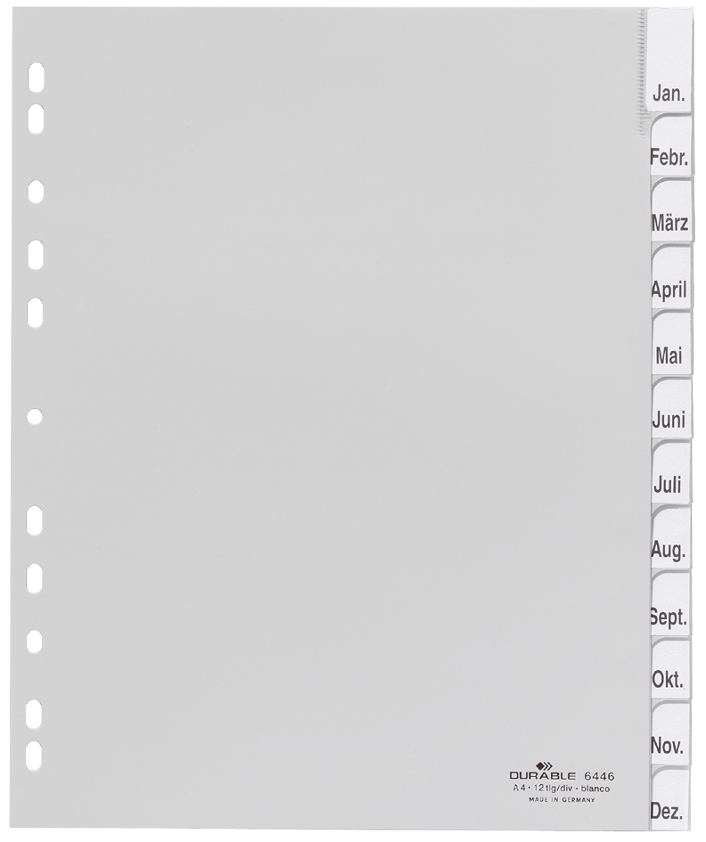 DURABLE Intercalaires mensuels plastique, A4, 12 pièces,gris