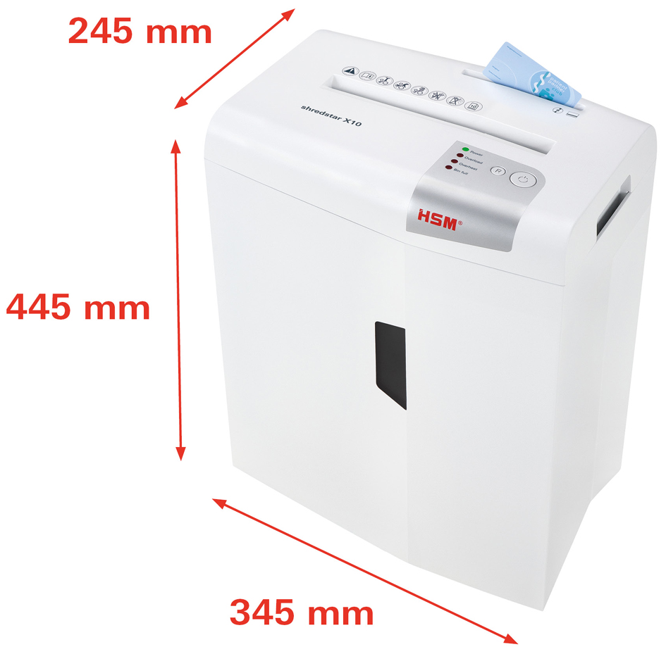HSM Destructeur de documents shedstar X10, coupe particules: particules 4,5 x 30 10 feuilles P-4/O-1/T-2/E-2/F-1 20 litres blanc / argent fiche Euro