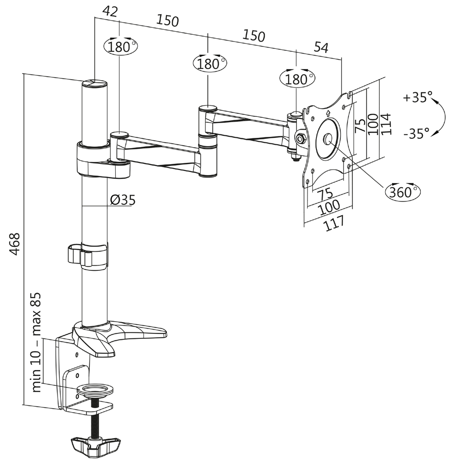 Bras support pour écran, en aluminium - dimensions
