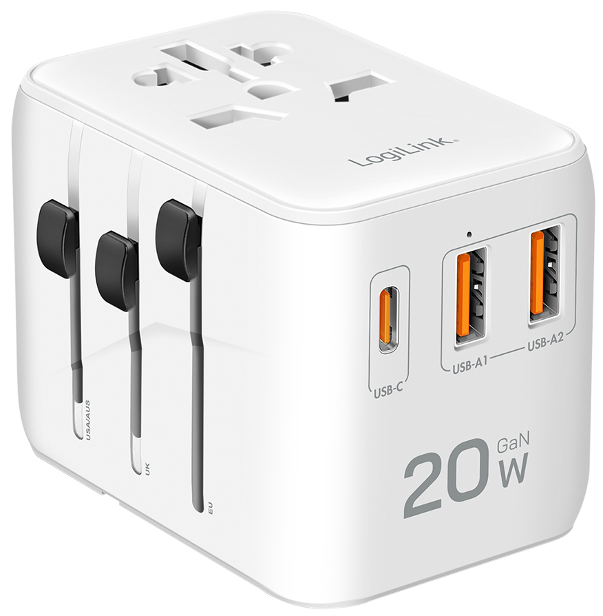 LogiLink Chargeur de voyage universel (EU/AUS/US/UK), 20 W