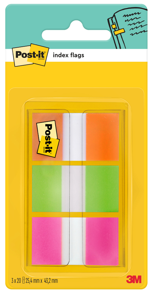 Post-it Marque-pages Index, 25,4 x 43,2 mm, 3 couleurs uni 25,4 x 43,2 mm 25 feuilles / bloc assorti 3 blocs