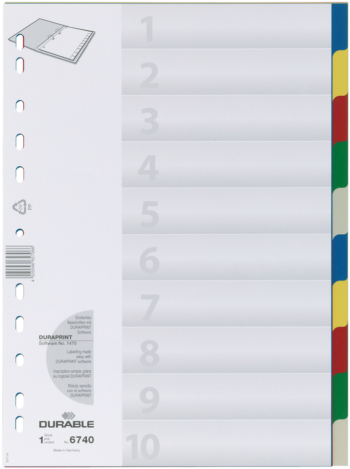 DURABLE Intercalaires en plastique, A4, PP, 10 touches