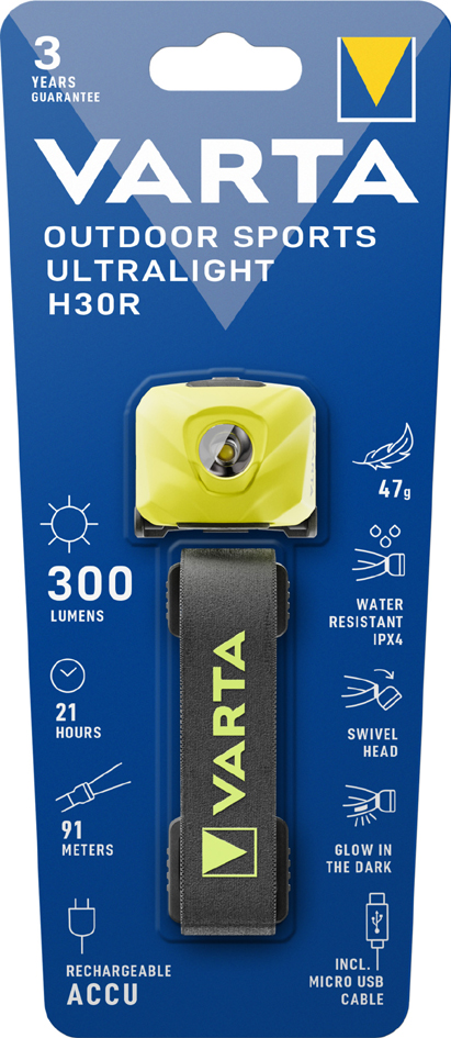 VARTA Lampe frontale Outdoor Sports Ultralight H30R, blanc LED plastique blanc
