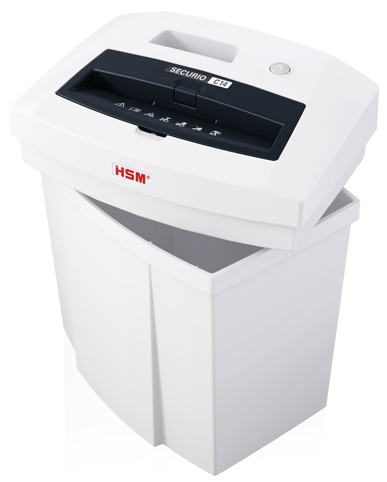HSM Destructeur de documents SECURIO C14, coupe particules particules 4 x 25 5 - 6 feuilles P-4 / T-4 / E-3 / F-1 20 litres blanc fiche Euro