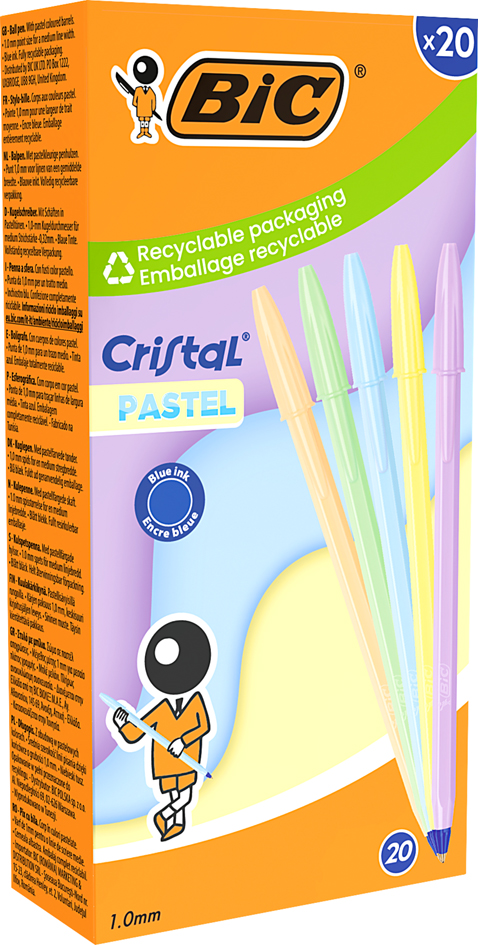 BIC Stylo à bille Cristal Pastel, trait bleu, 20 pièces