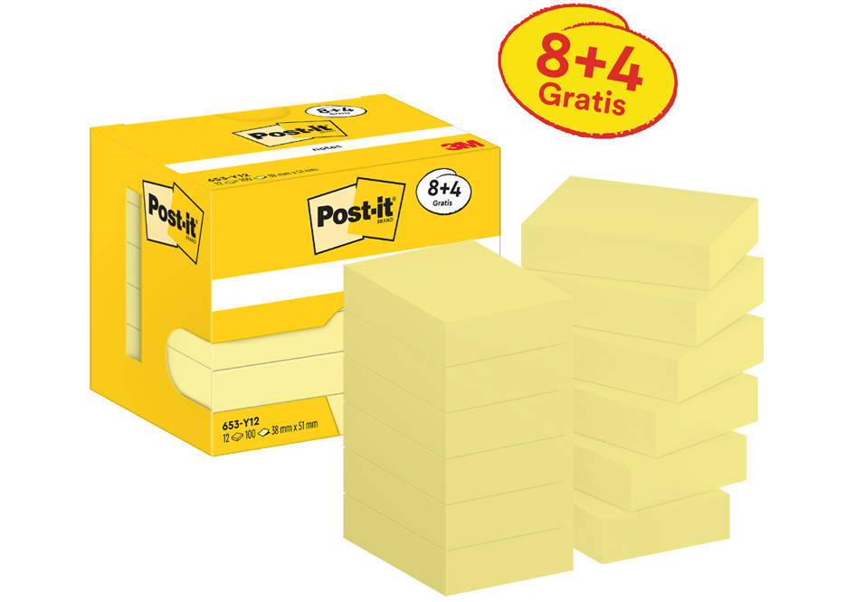 Post-it Bloc-note adhésif, 51 x 38 mm, jaune, promotion 8+4