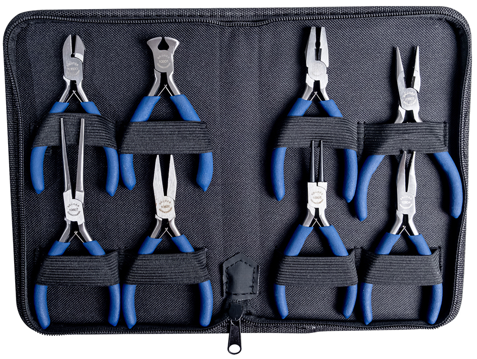 Kit de pinces pour électronique, dans une pochette à fermeture zippée en cuir