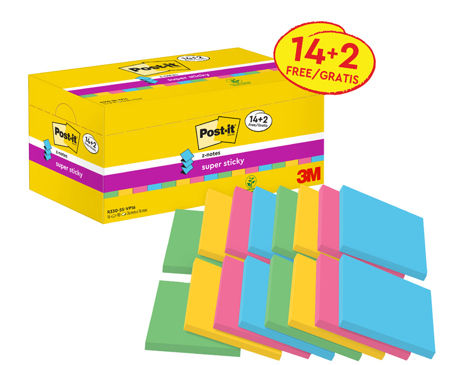 Post-it Bloc-note super sticky z-notes, 76 x 76 mm, 14+2