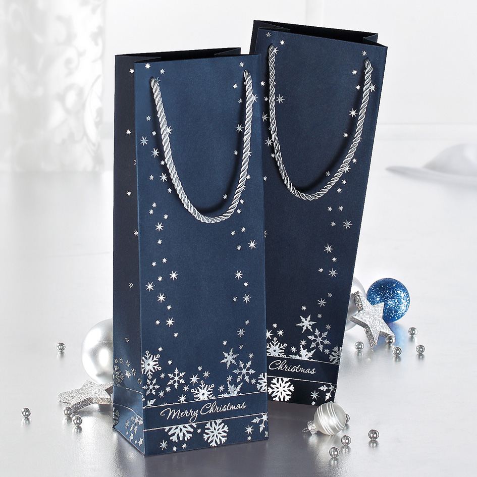 Visuel de référence : Sac cadeau de Noël pour bouteille Premium "Silver Snowflakes"