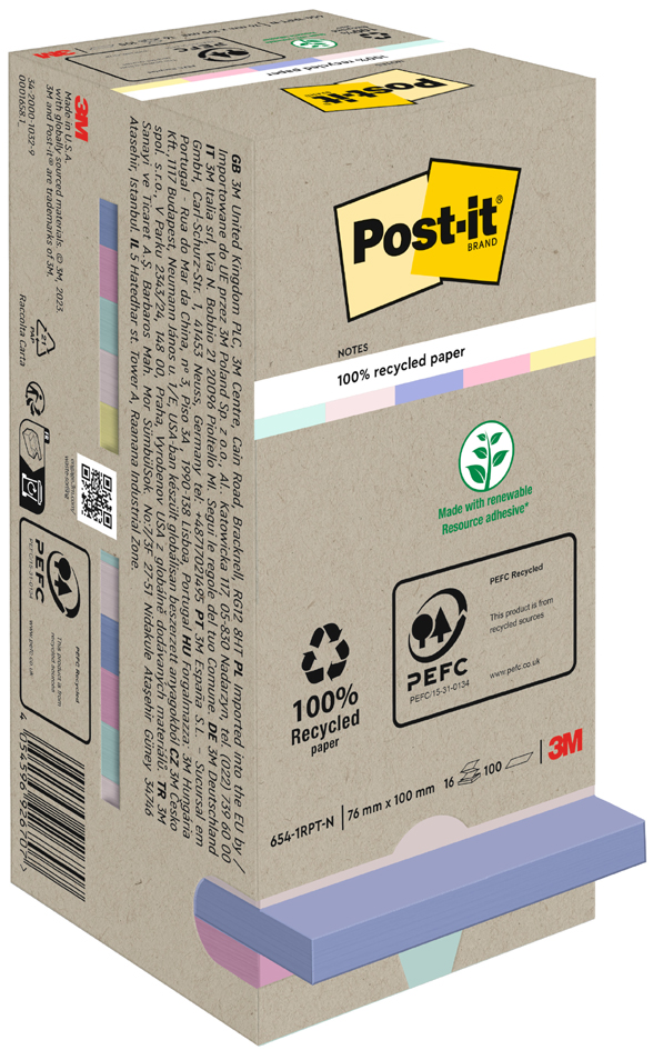 Post-it Bloc-note adhésif Recycling notes, 76x76 mm, assorti