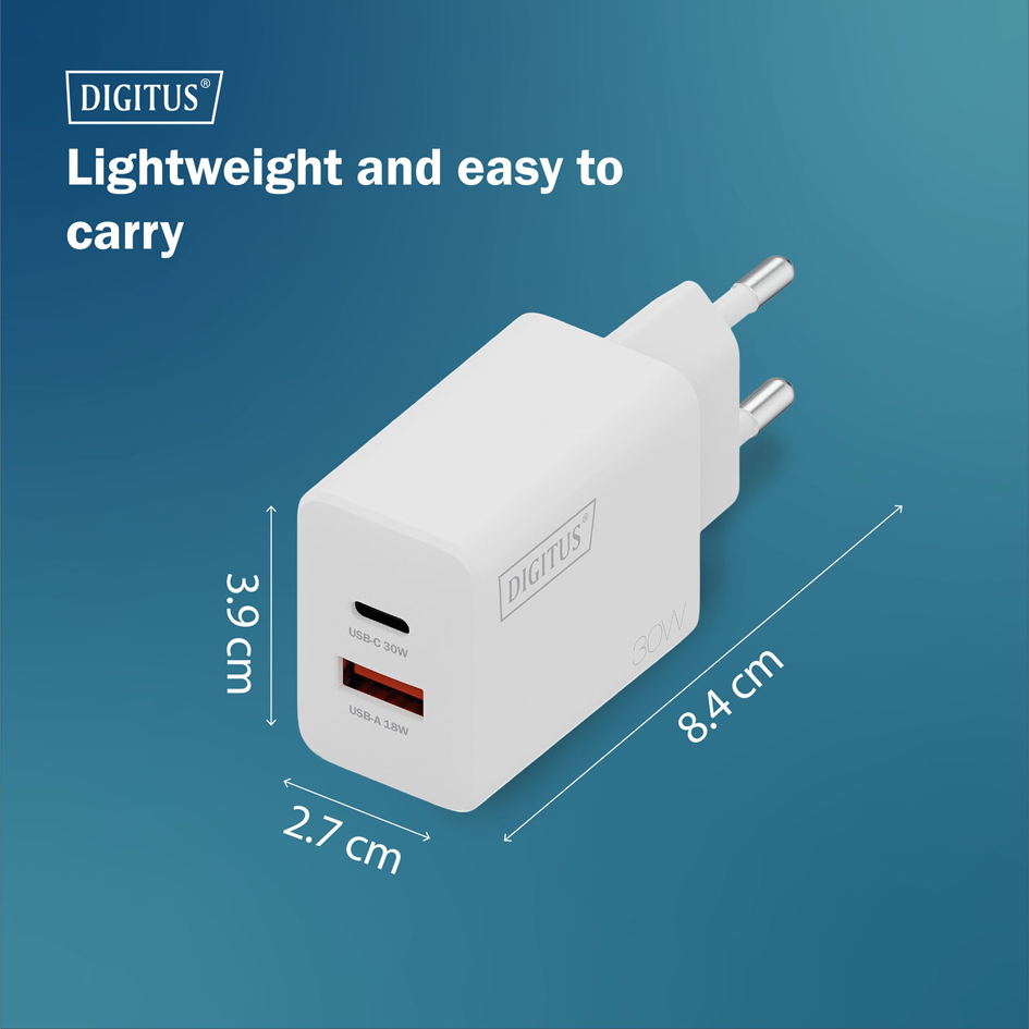 DIGITUS Chargeur secteur USB GaN, USB-C/USB-A, 30 W, blanc