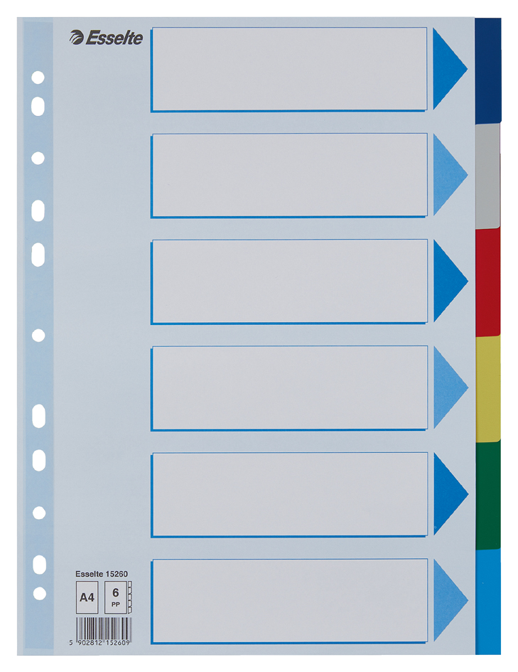 Esselte Intercalaires en plastique, uni, A4, PP, 6 touches