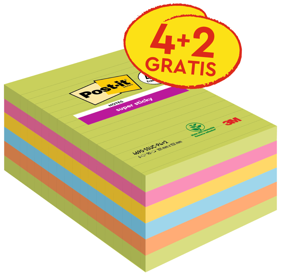 Bloc-notes adhésif super sticky notes, grand format, ligné (4+2)