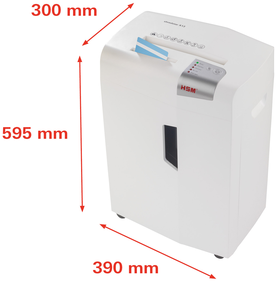 HSM Destructeur de documents shedstar X13, coupe particules: particules 4 x 37 13 feuilles P-4/O-1/T-2/E-2/F-1 23 litres blanc / argent fiche Euro