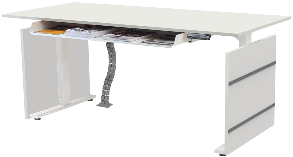 Visuel de référence : montre la table de bureau avec accessoires (rangement, panneaux latéraux & goulotte à câbles)