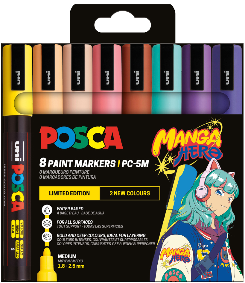 POSCA Marqueur à pigment PC-5M, étui de 8 MANGA HERO