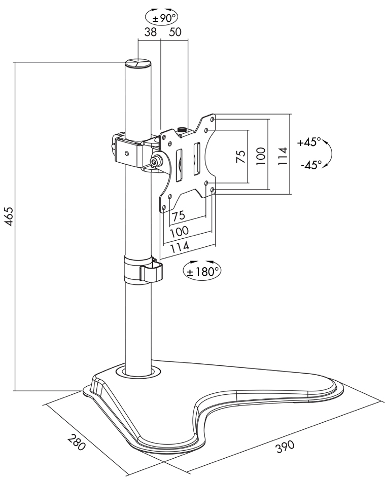 Bras support pour écran, avec socle - dimensions