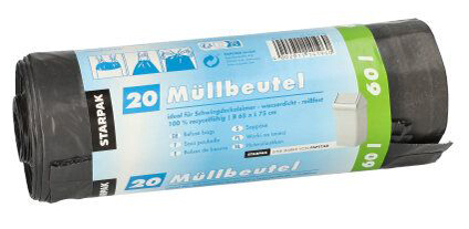 STARPAK Sac poubelle LDPE, à liens coulissants, 60 litres