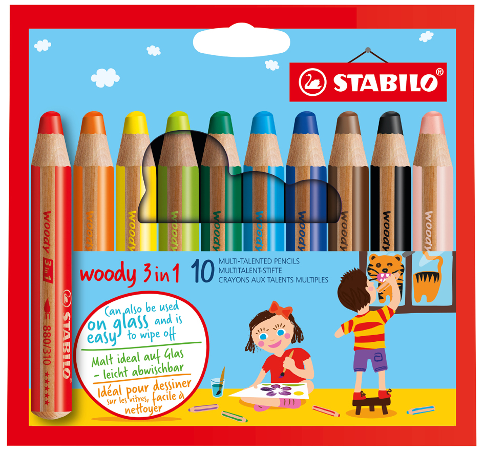 STABILO Crayon multi-talents woody 3 en 1, étui carton de 10