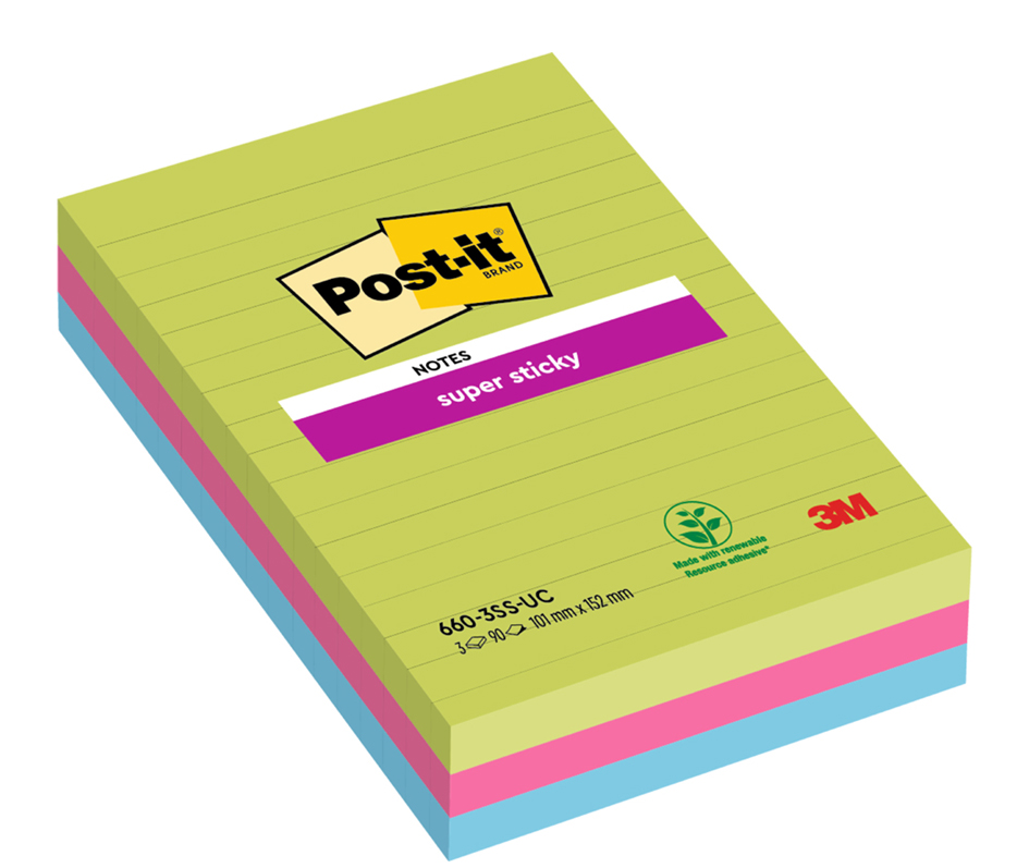 Bloc-notes adhésif super sticky notes, 101 x 152 mm, ligné