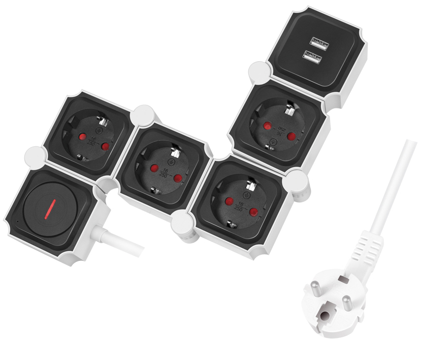 LogiLink Bloc multiprises flexible, avec 2x USB, noir/blanc