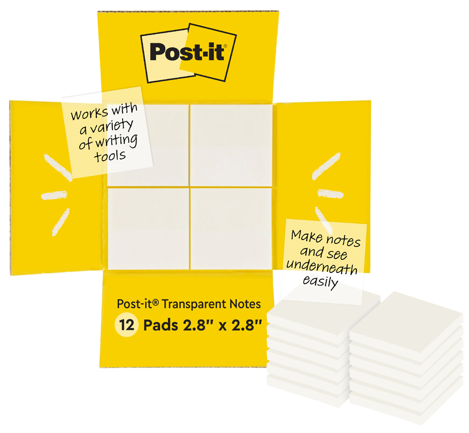 Bloc-notes adhésif transparent notes, pack de 12