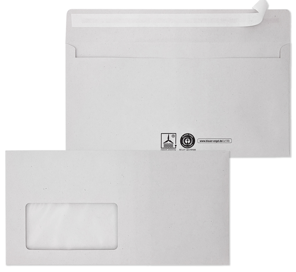 Enveloppes recyclées grises format long, avec fenêtre gauche