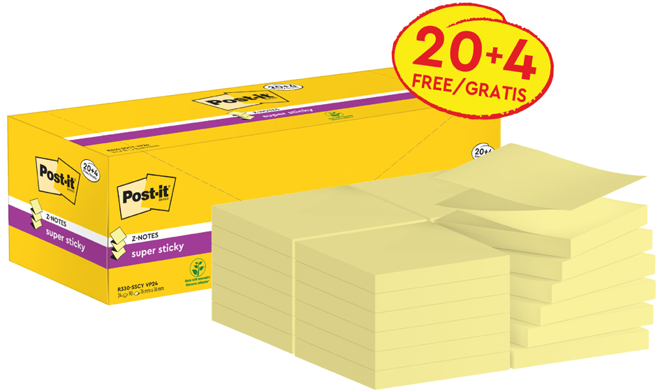 Post-it Bloc-note super sticky z-notes, 76 x 76 mm, 14+2 uni 76 x 76 mm 90 feuilles/bloc assorti 16