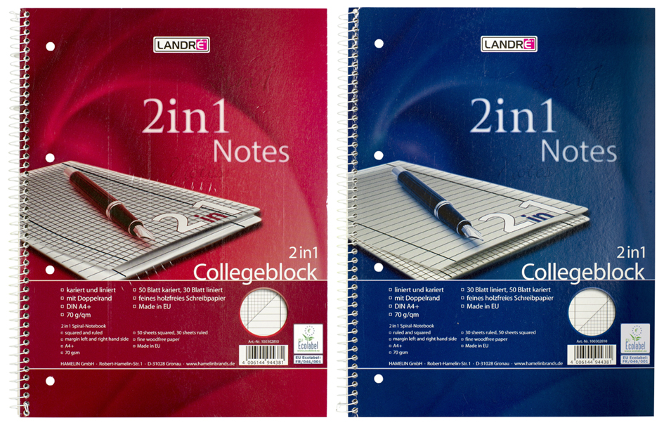 LANDRÉ Collegeblock '2 en 1' format A4, 2 linéatures,