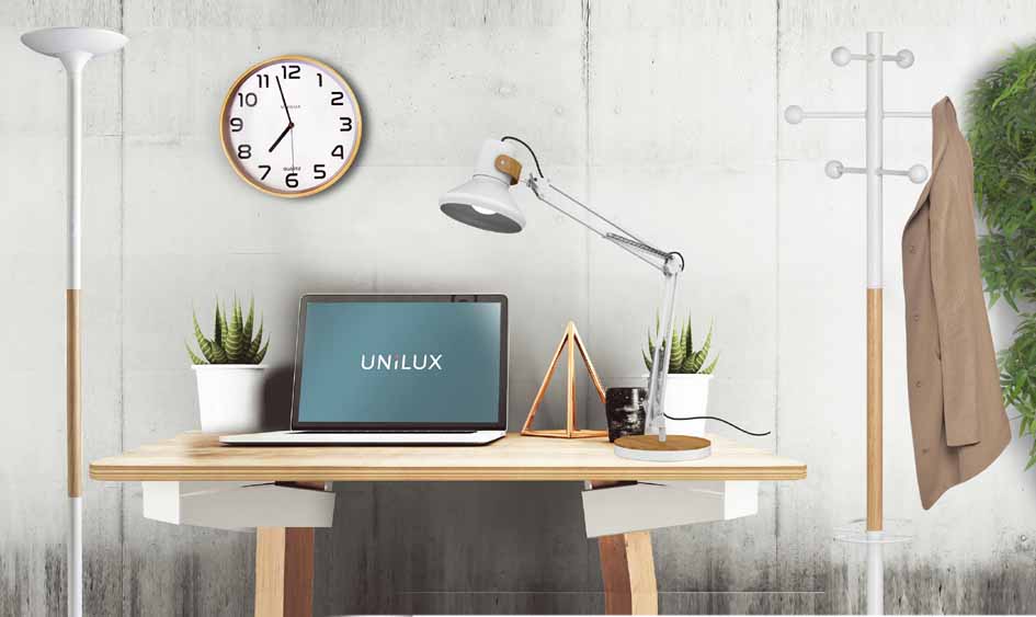 UNiLUX Lampadaire à LED PRYSKA, dimmable, hêtre/blanc socle hêtre / blanc 37,4 watts 3.000 K 100-240 V C