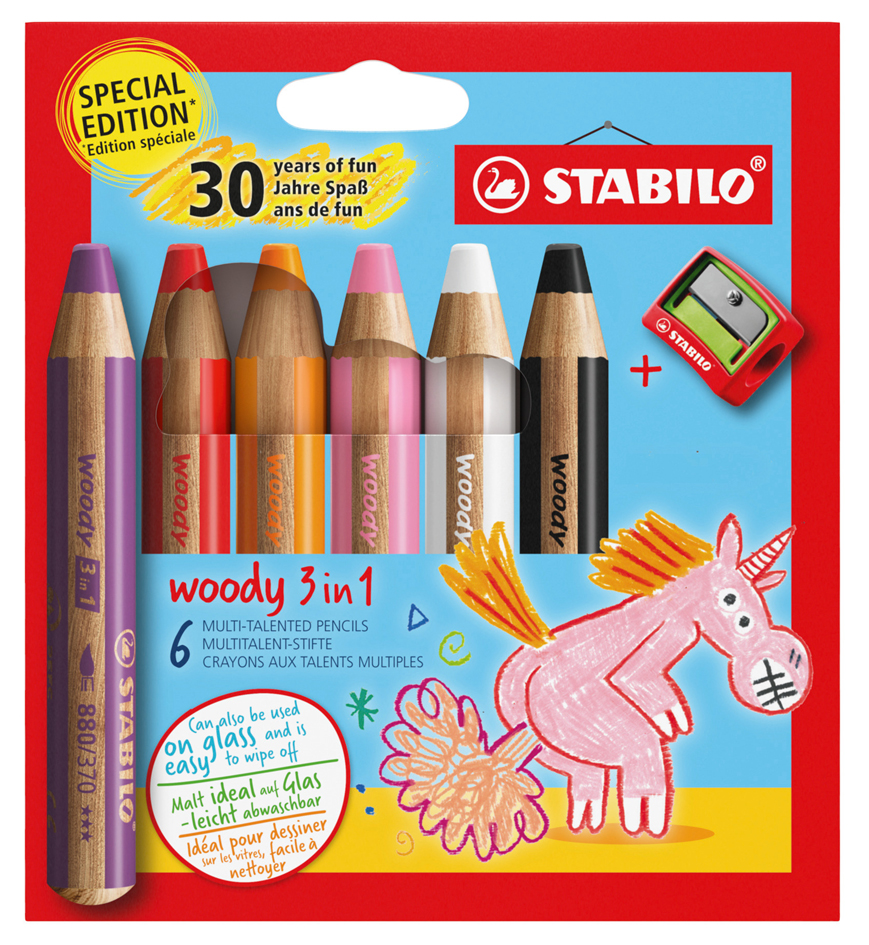 STABILO Crayon multi-talents woody 3 en 1, étui de 6 Licorne