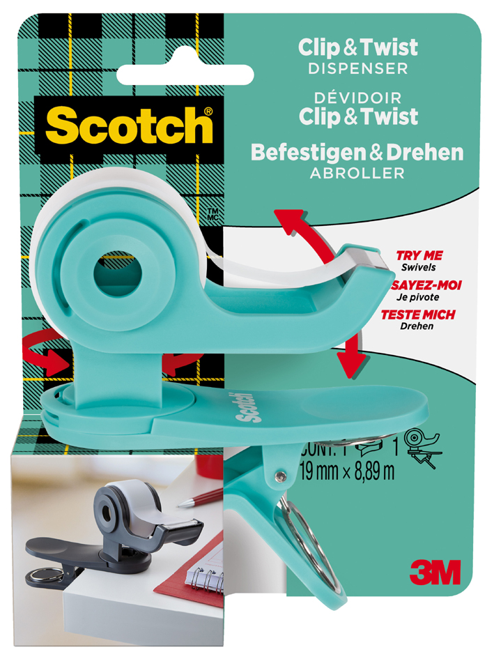 Scotch Dévidoir de ruban adhésif Clip & Twist, turquoise