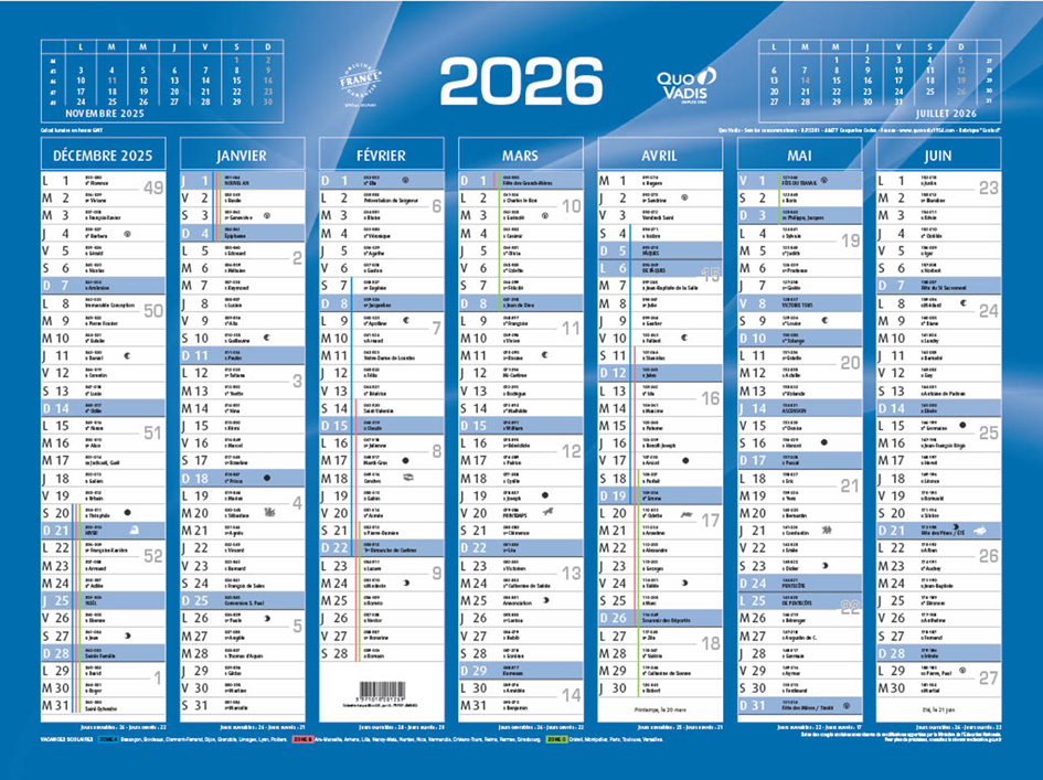 QUO VADIS Calendrier de banque bleu, 135 x 180 mm, 2026